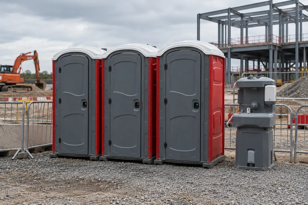 Portable toilets beside a washing station in a commercial site compound