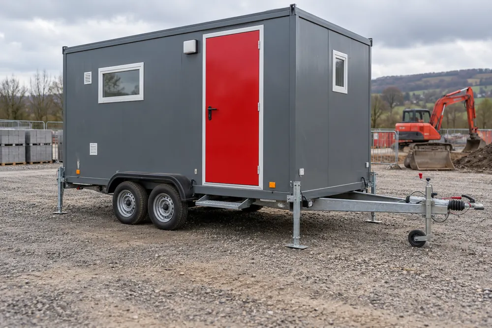 Towable grey welfare unit with a red door on level construction hardstanding